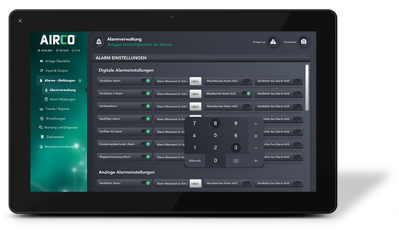 Alarm management of the nitrogen generator via INFINIT Touch