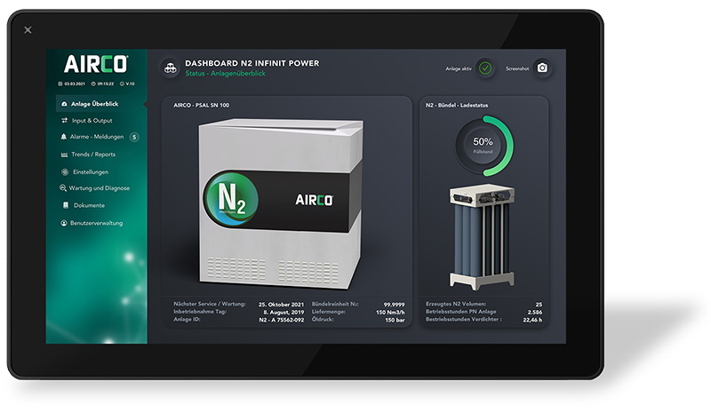 INFINIT Touch - Dashboard of the Nitrogen Generator INFINIT Touch - Dashboard of the Nitrogen Generator